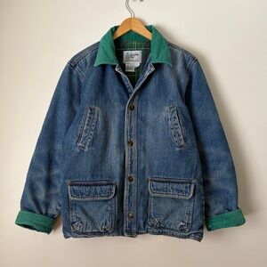 London Fog Denim Barn Jacket Chore Coat with Green Corduroy Collar and Cuffs